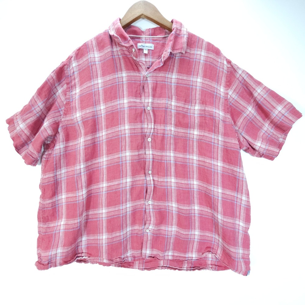 Peter Millar Shirt Mens XXL Pink Plaid Linen Short Sleeve Button Down Streetwear